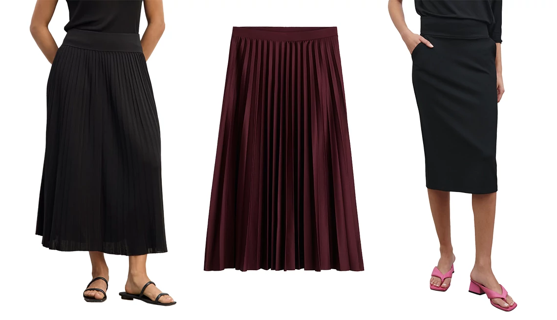 Everlane The Knit Pleated Skirt in Black; H&M Pleated Skirt in Burgundy; Marcella Vesey Pencil Skirt in Black