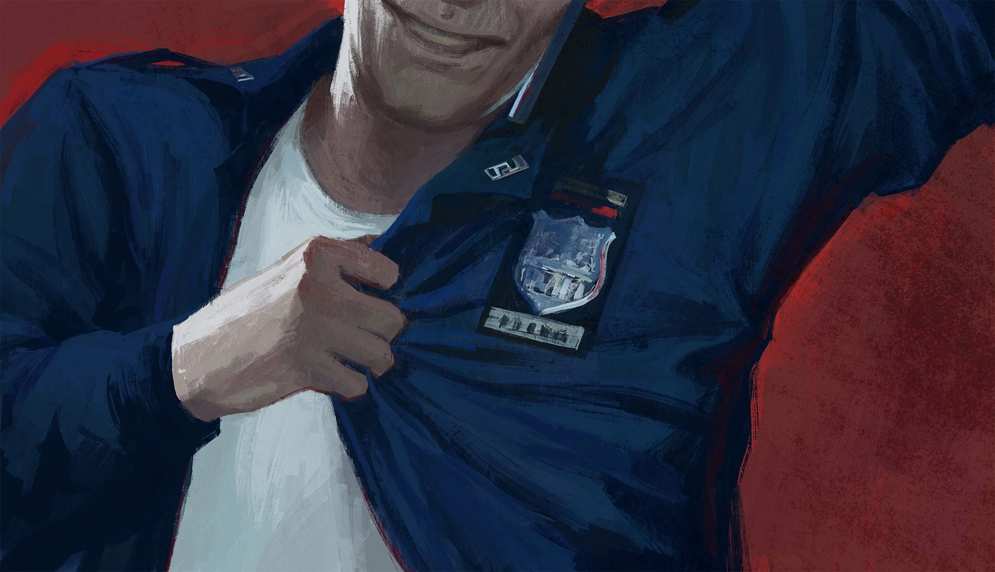 I've Got You Under My Skin by Mary Higgins Clark chapters 71-80 Illustration of a a person pulling on a police uniform shirt