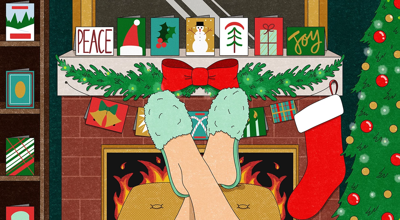 illustration of feet resting on ottoman by fireplace in living room with christmas decorations, holidays alone