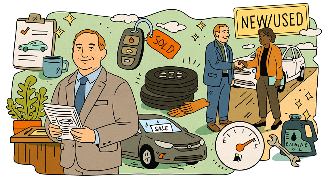 Insider Tips From a Car Salesman an illustrated collage shows various images from the car-buying experience, including a key fob, salesman, fuel gauge, tires, a car for sale and engine oil