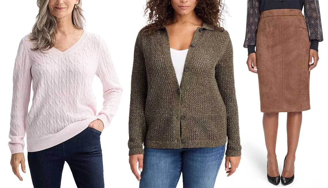 a collage with two sweaters and a suede skirt