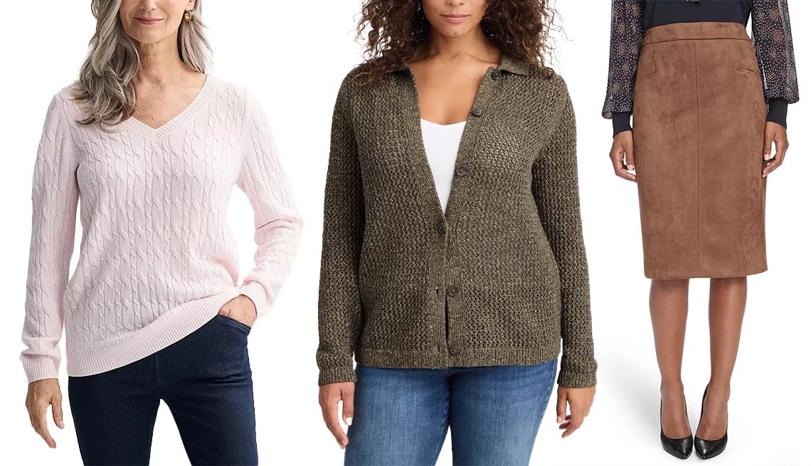 Unlock the Fashion Secrets of Stylish Women a collage with two sweaters and a suede skirt