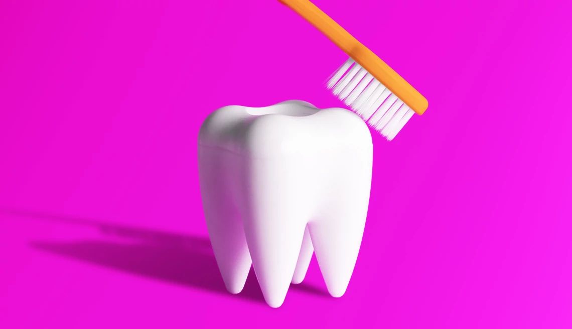Smart Guide to Oral Health Toothbrush brushing giant tooth against magenta background