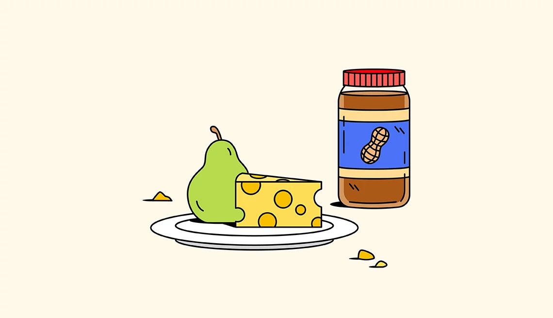 Surprisingly Healthy Snacks a pear cheese and can of peanut butter