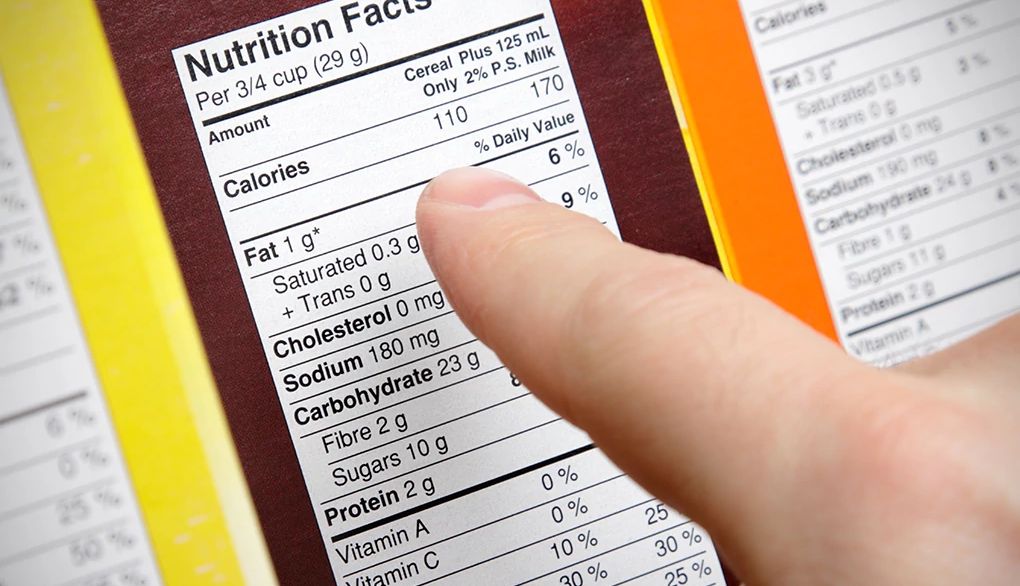 Nutrition information and ingredients list are essential reading A finger pointing at the nutrition label on a box