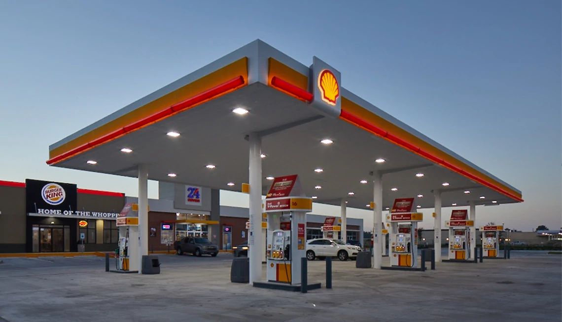 Shell Fuel Rewards Shell gas station at dusk