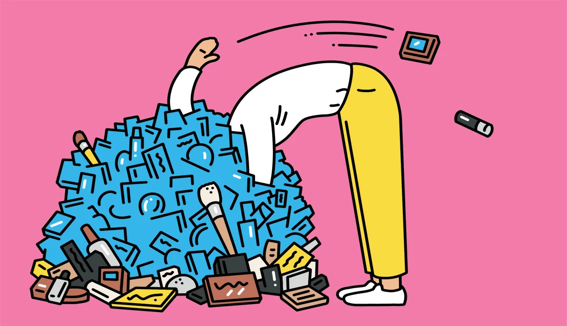 An illustration of a person head deep within a huge collection of beauty products