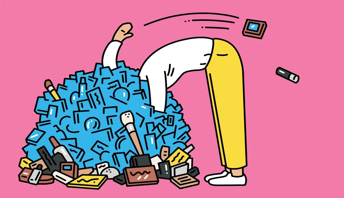 Sift through your stash An illustration of a person head deep within a huge collection of beauty products