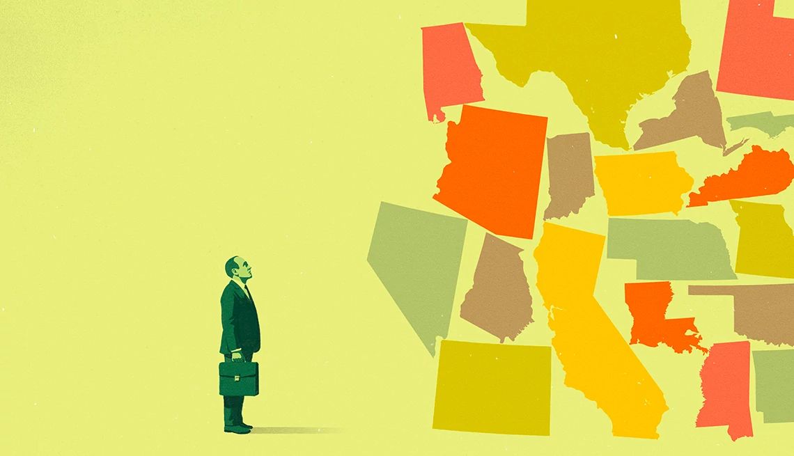 Best States Older Workers an illustration of a man holding a briefcase while looking at a cluster of states