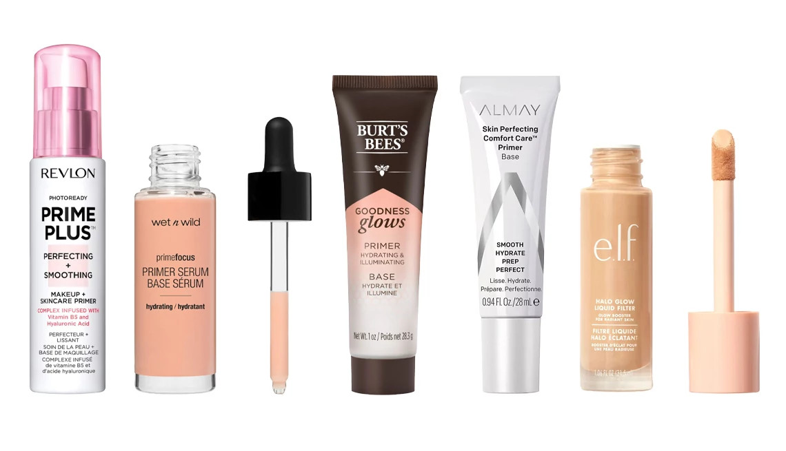 Revlon Photoready Prime Plus Perfecting +Smoothing Makeup + Skincare Primer; Wet n Wild Prime Focus Primer Serum; Burt’s Bees Goodness Glows Face Primer; Almay Skin Perfecting Comfort Care Primer; e.l.f. Halo Glow Liquid Filter Highlighter
