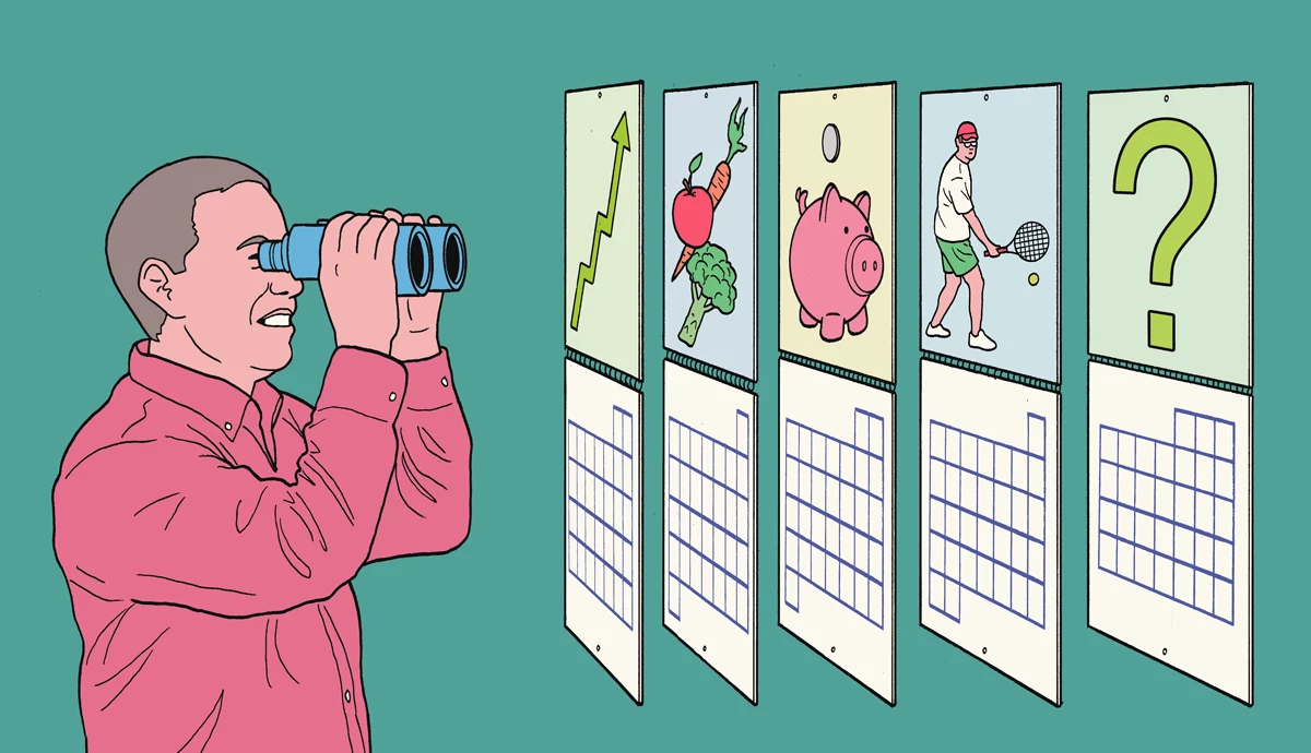 a person looking through binoculars at different calendars