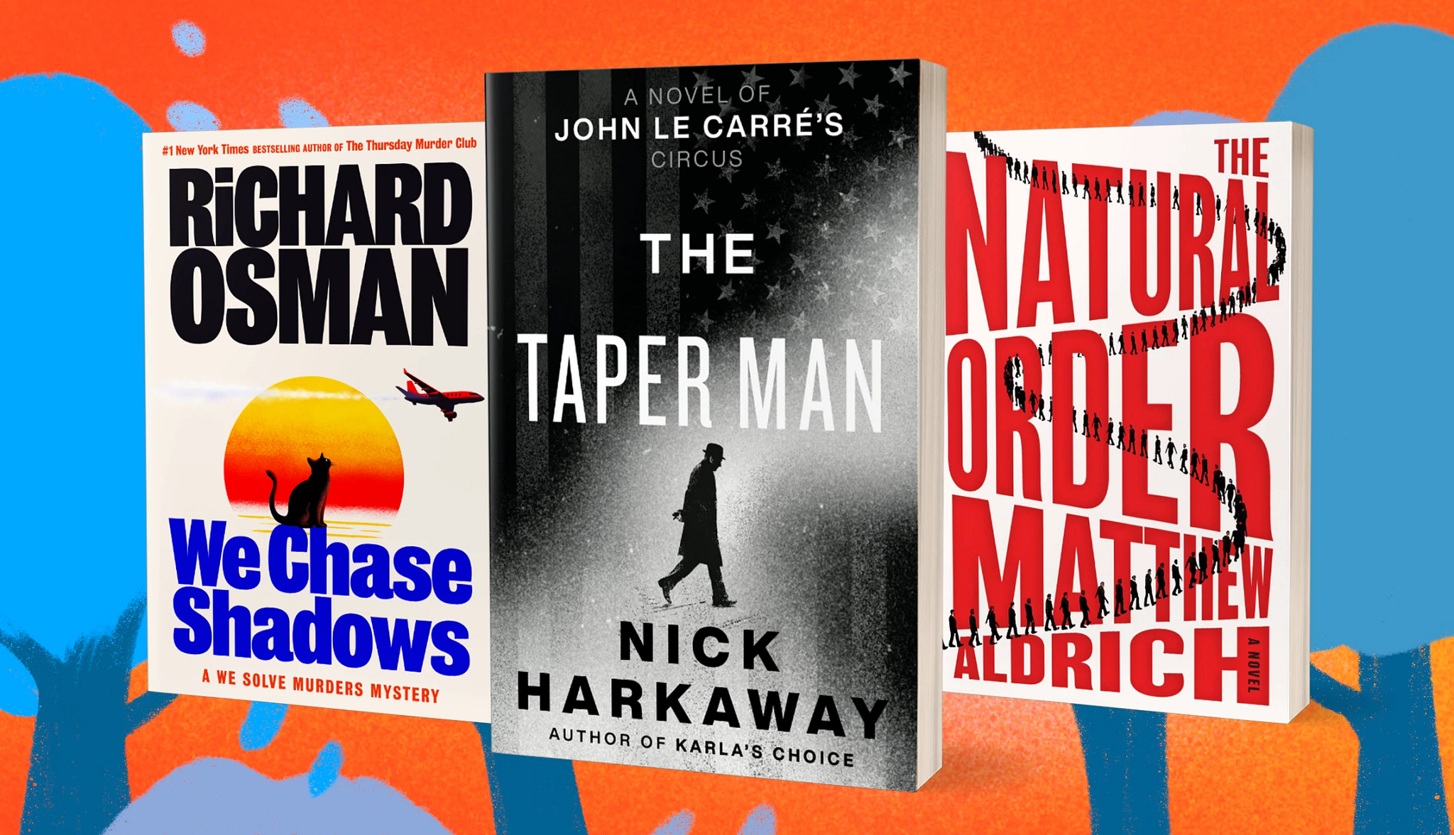 a collage with the covers of the books we chase shadows, the taper man and the natural order