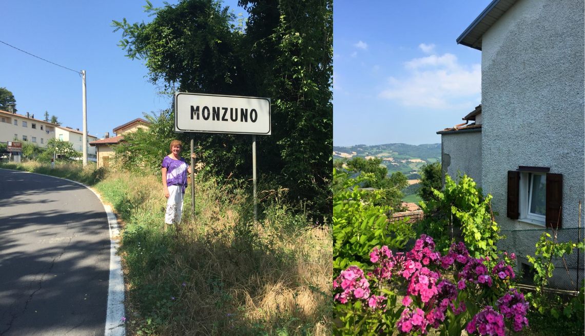Retirementmoon a split image of a woman standing next to a sign and flowers near the side of a home