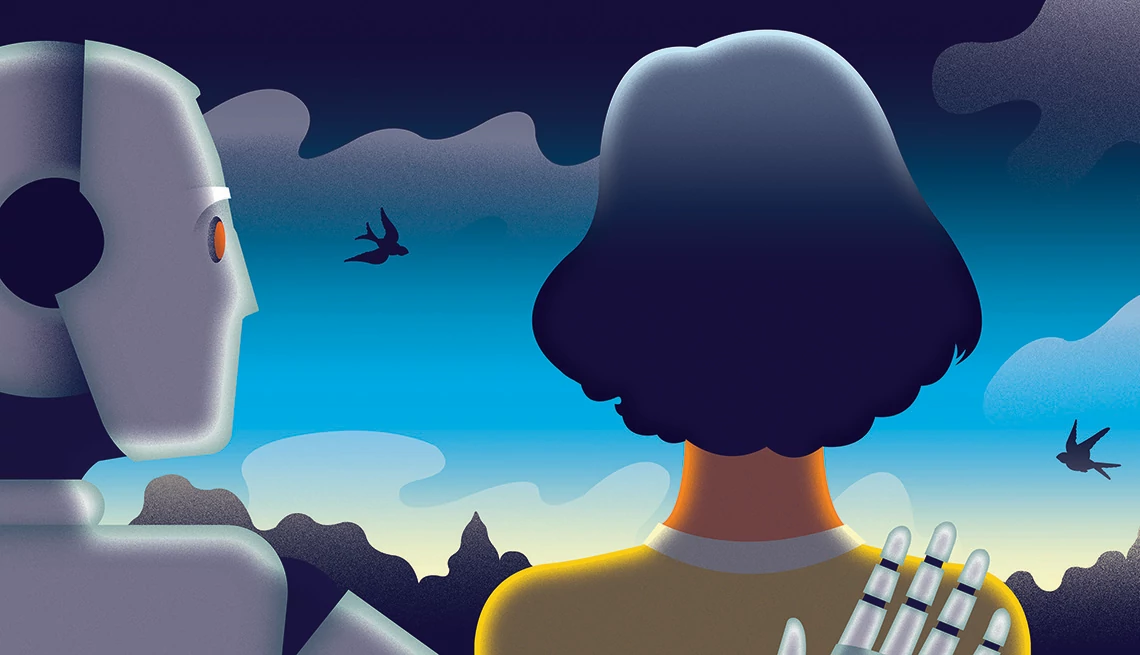 a woman with a robot hand on her shoulder