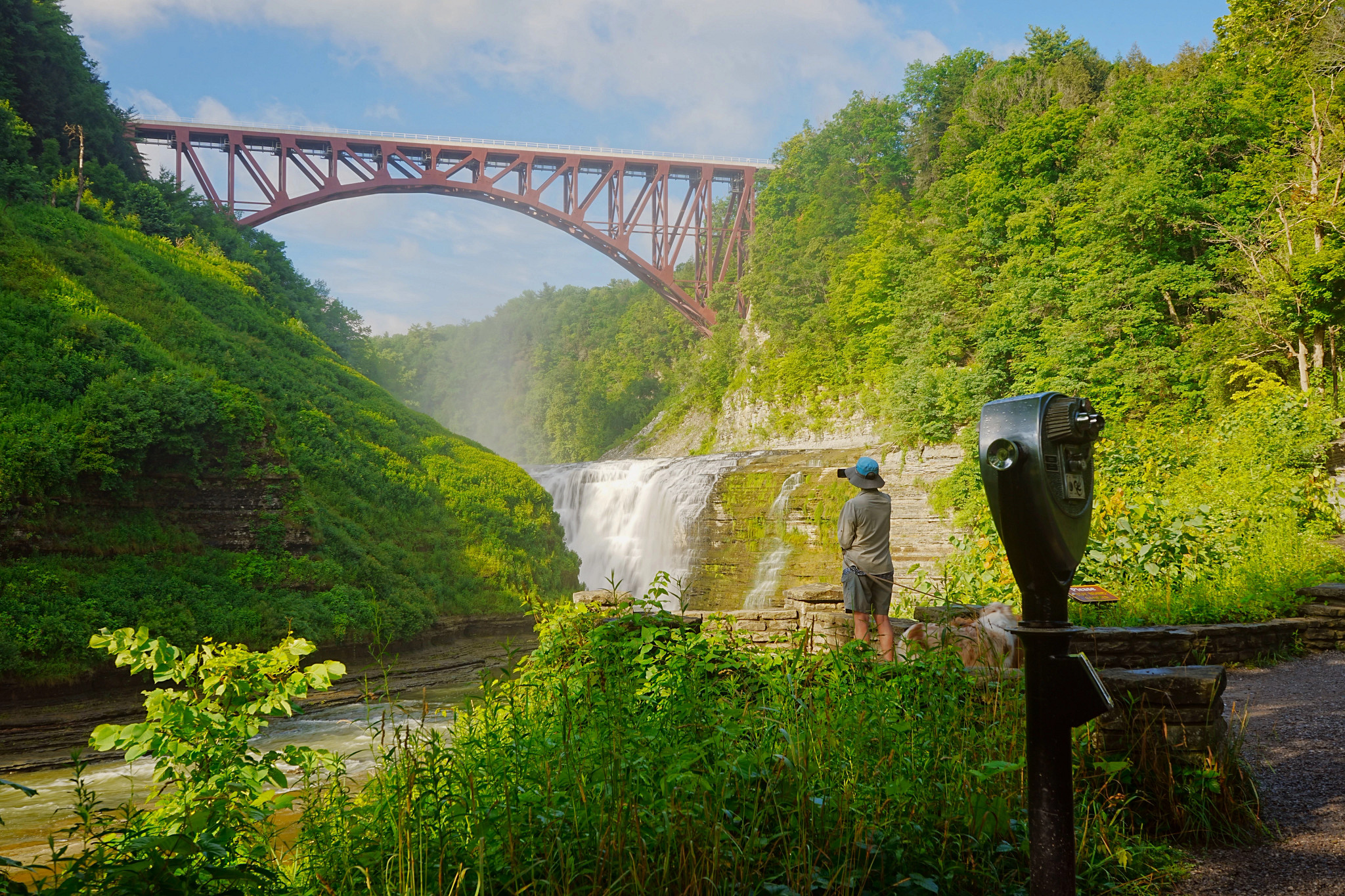 a person facing a forest, waterfall and bridge
