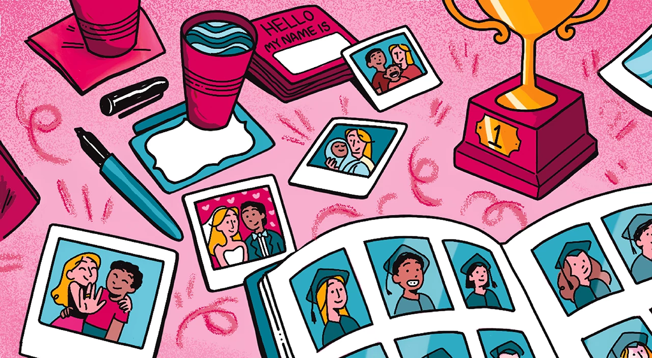 illustration of high school graduation book and photos of momentos 