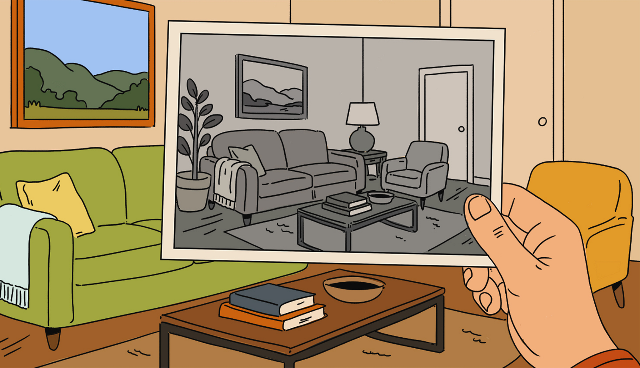 an illustration shows a man comparing his living space with a black and white photo of that space