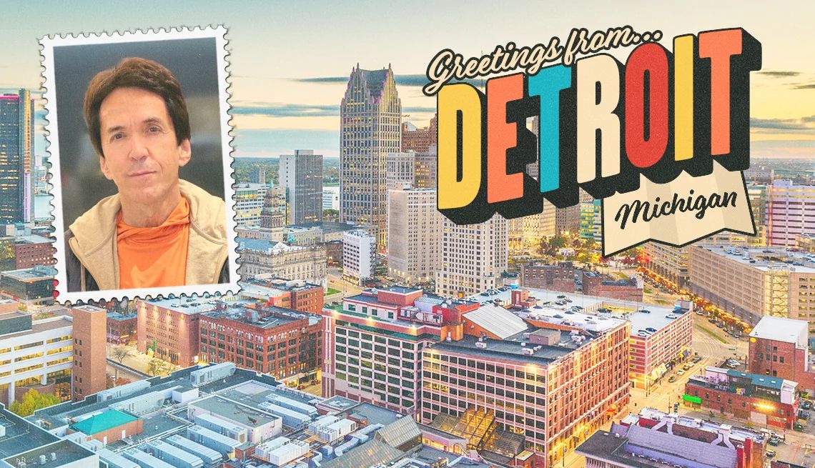 Mitch Albom on Detroit A headshot of author Mitch Albom on a stamp with the city of Detroit in the backdrop