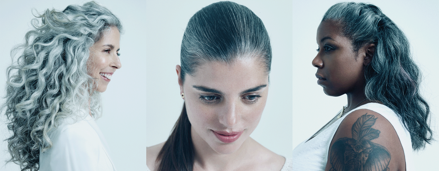 A gallery of women with grey hair in a variety of hairstyles.