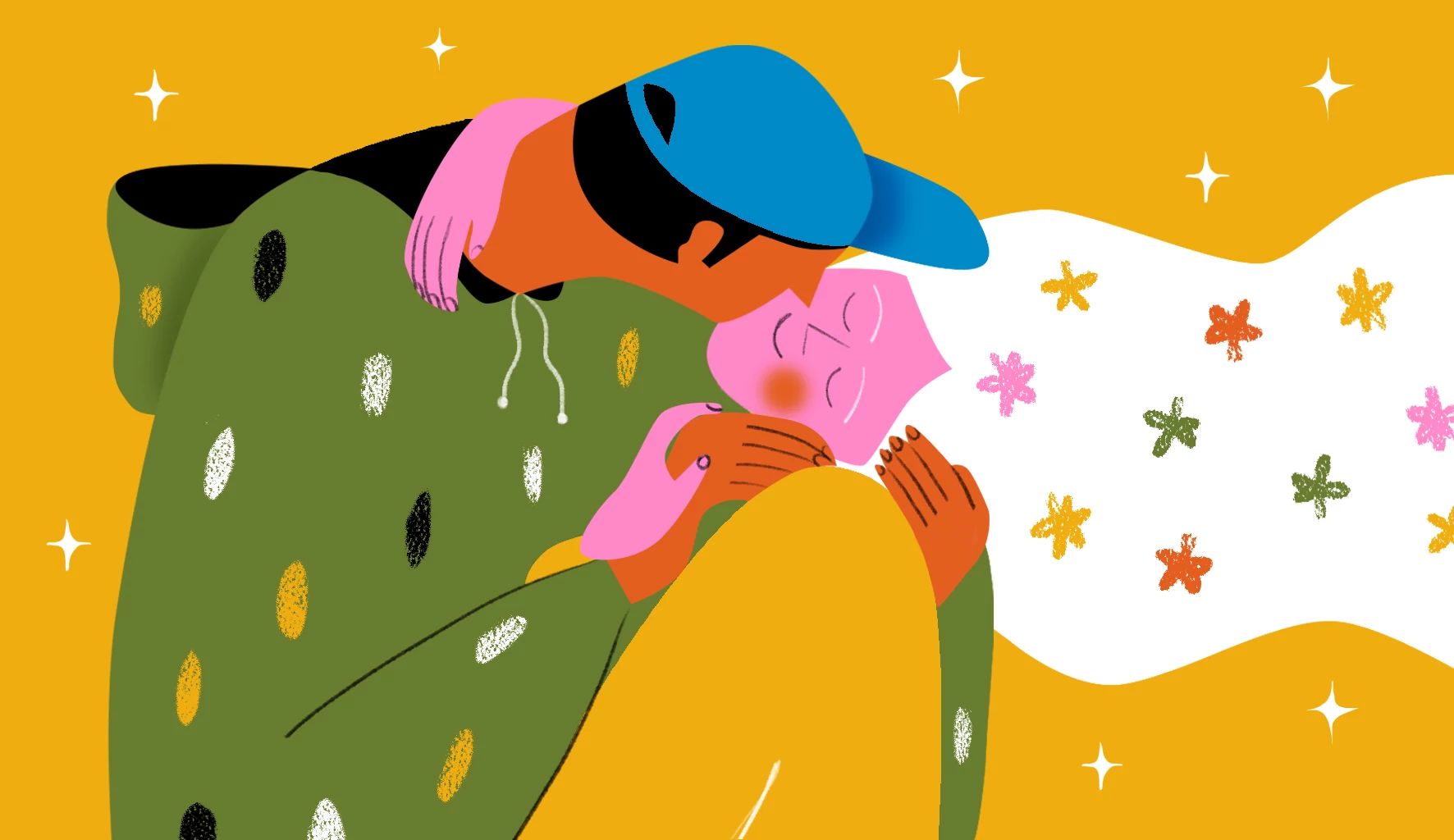 Dating younger men a figure in sweatshirt and hat kisses a woman
