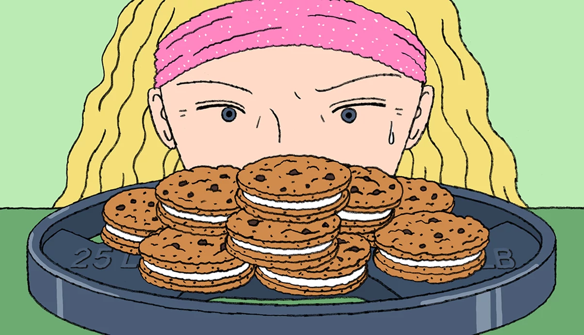 illustration of a woman staring at a 25-pound plate piled with sandwich cookies