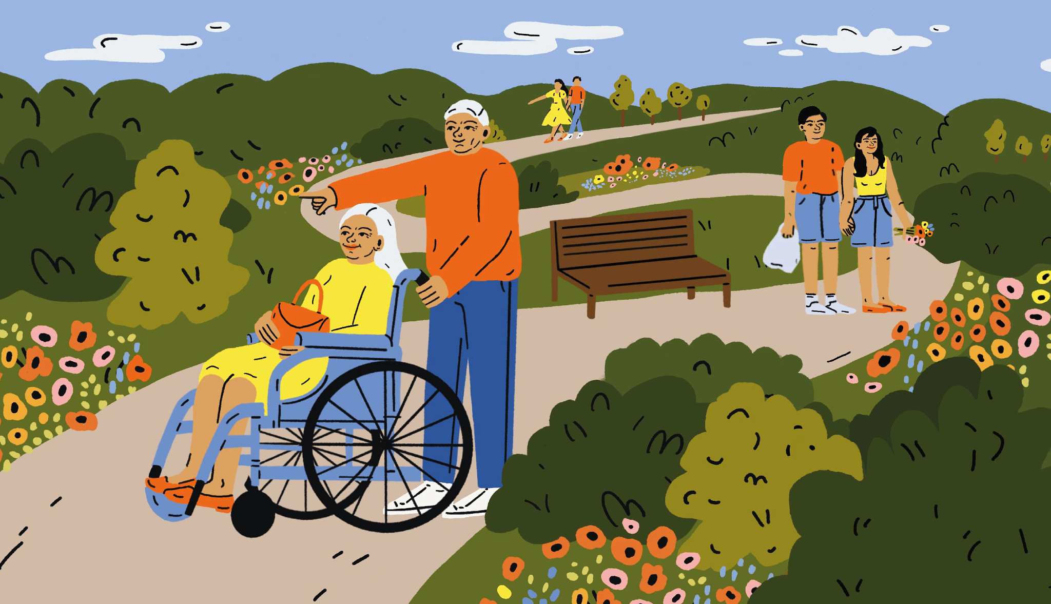 illustration of someone pushing a woman in a wheelchair in a park