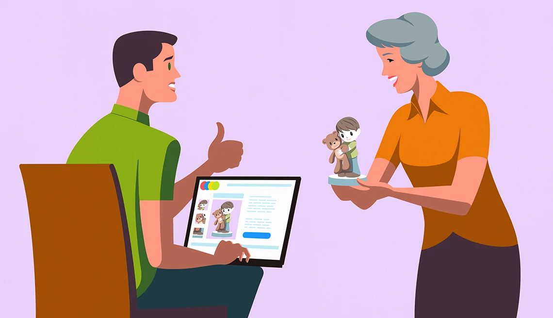 I Hate Mom’s Lladró Figurines an older adult shows off a figurine to a man who has it listed for sale on a website