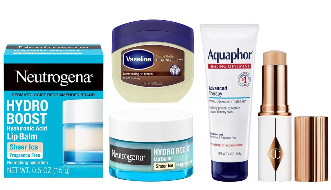 a collage with healing products for dry lips and skin