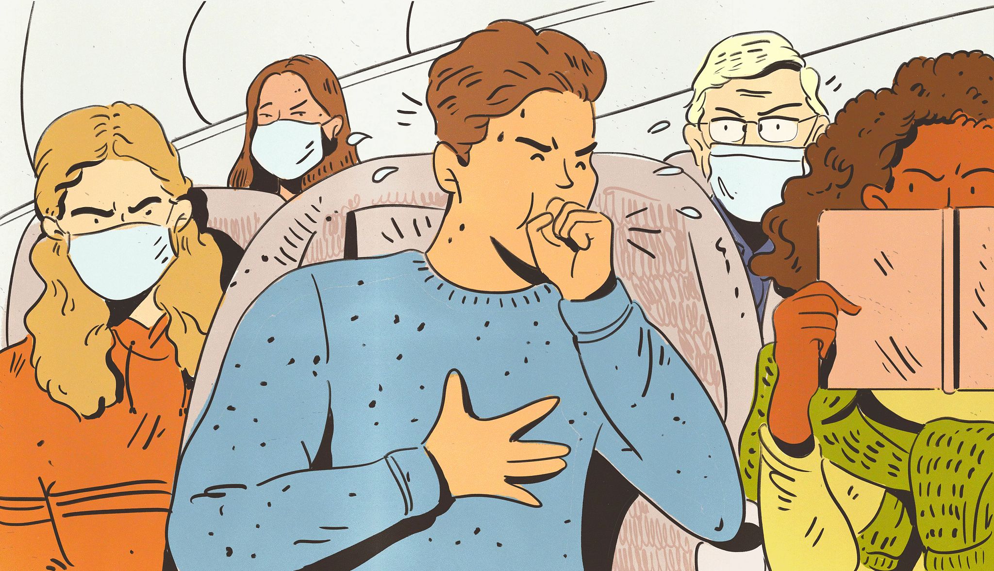 Annoying Airline Passengers a person coughing on a plane