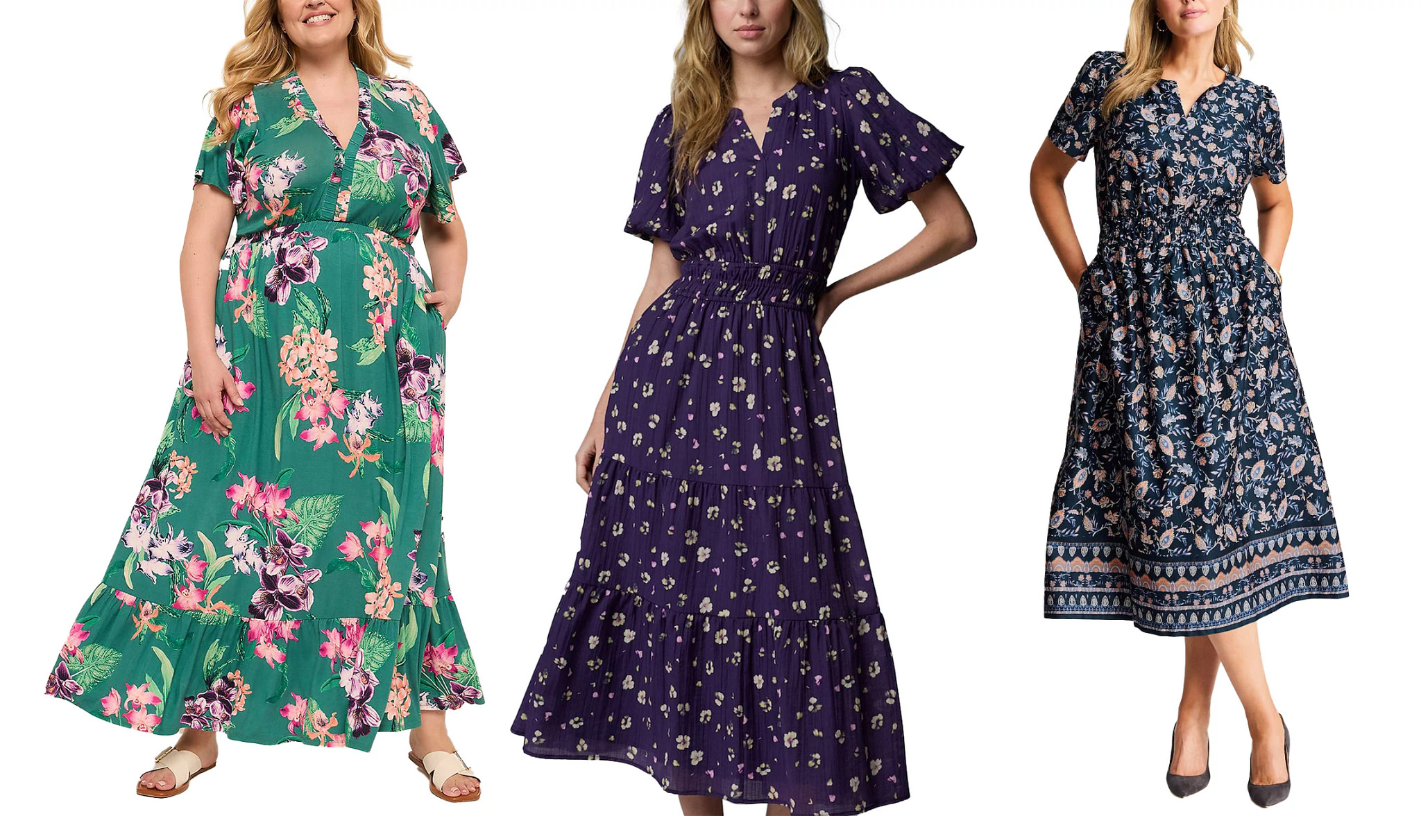a collage with models wearing stylish spring dresses in floral prints