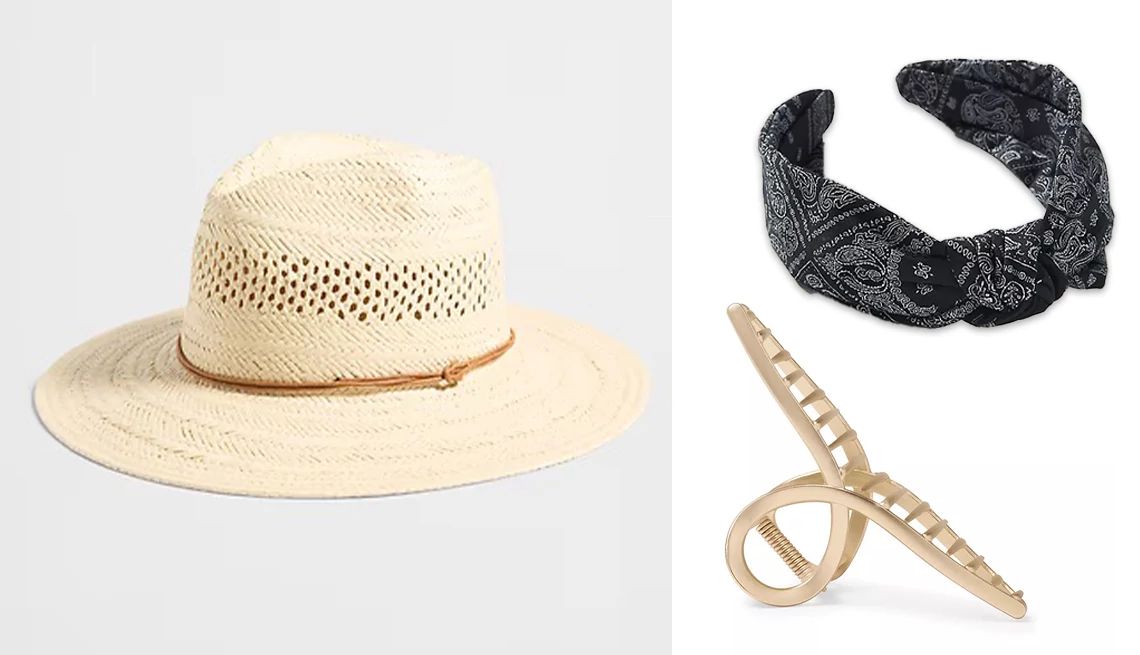 How to Dress for a Summer Heat Wave a collage with a hat and hair accessories