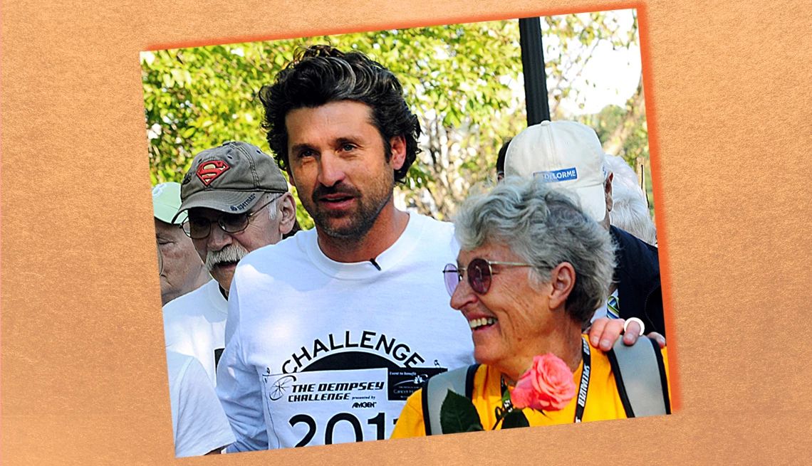 Patrick Dempsey on Caregiving Patrick Dempsey walking with his hand on his mother's shoulder
