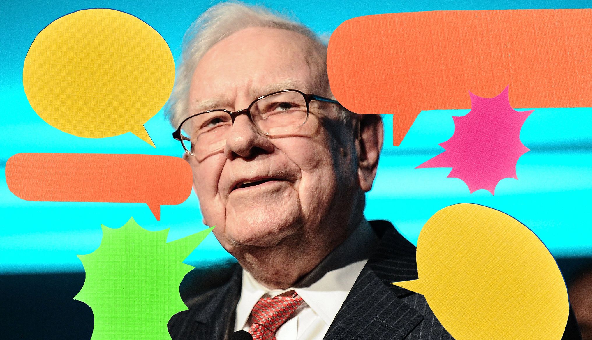10 Memorable Quotes from Warren Buffet Warren Buffet surrounded by colorful quote bubbles