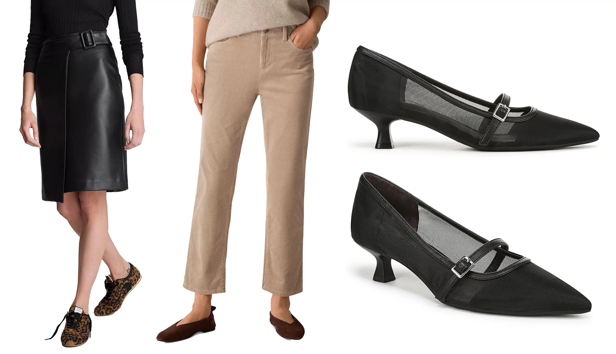 a model wearing a black leather knee length skirt, a model wearing cropped beige velvet trousers and a pair of black kitten heel pumps with pointed toes