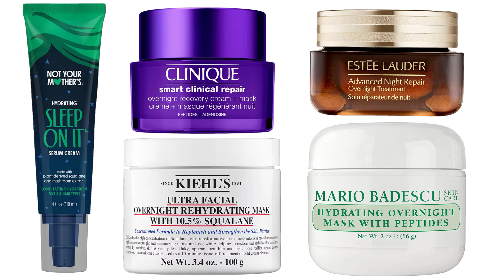 a collage with five different types of overnight face mask products