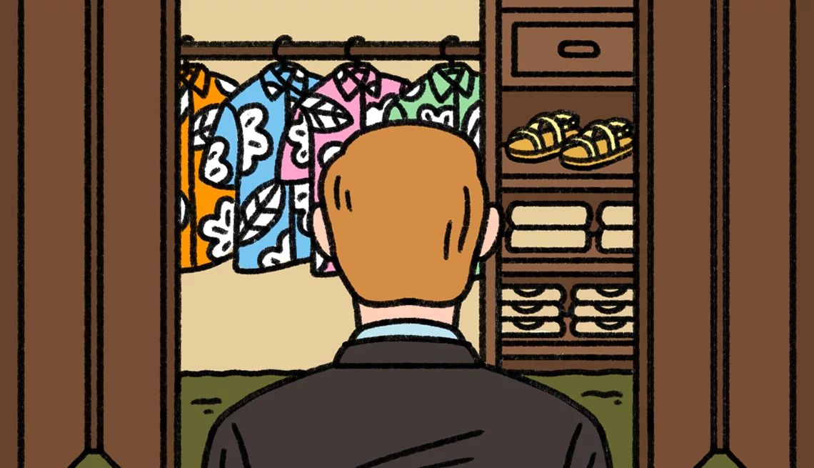 Gen X Retirement Planning a man looks into a closet filled with colorful hawaiian shirts