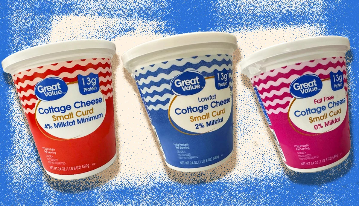 Three plastic tubs of Great Value Small Curd Cottage Cheese are positioned side by side against a blue and white speckled background