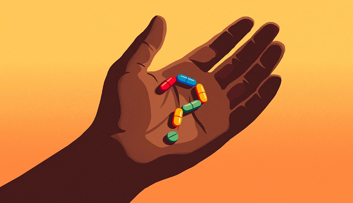 illustration of an open palm of a person with dark skin against a warm orange gradient background. Six colorful supplement capsules and one round pill are arranged in the center of the palm to form the shape of a question mark