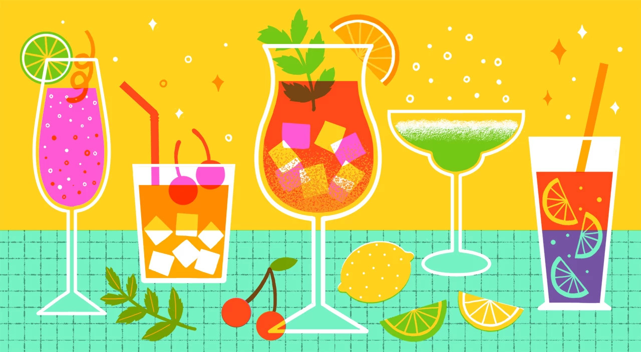 illustration of mocktails on teal and yellow background