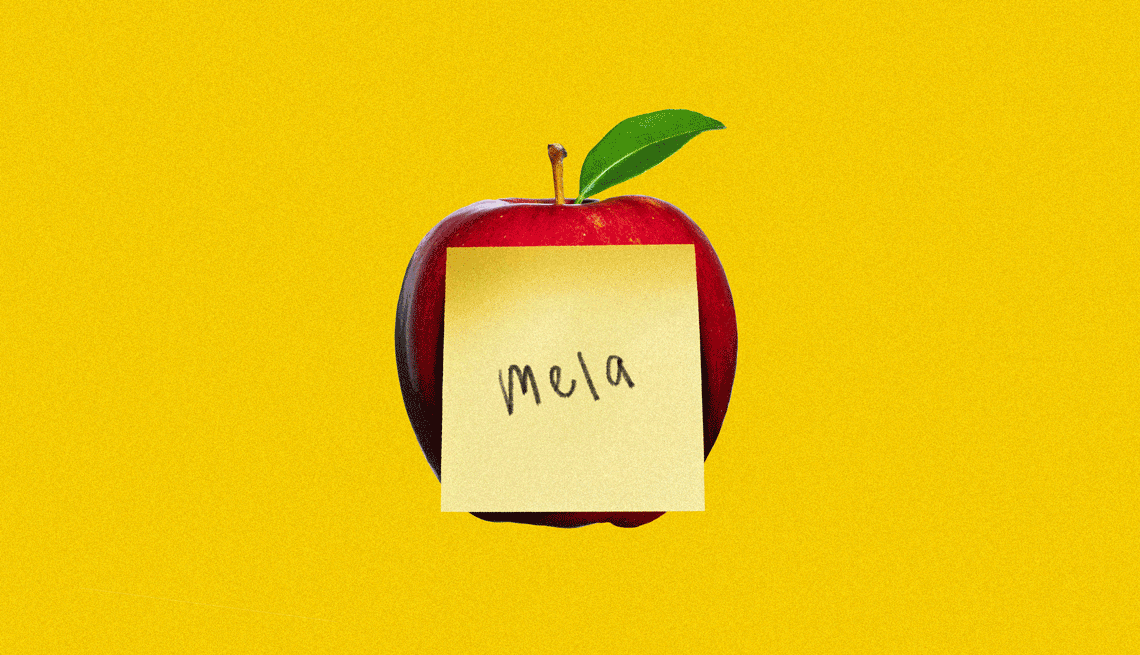 Gráfico animado de una manzana con una nota que dice manzana en varios idiomas