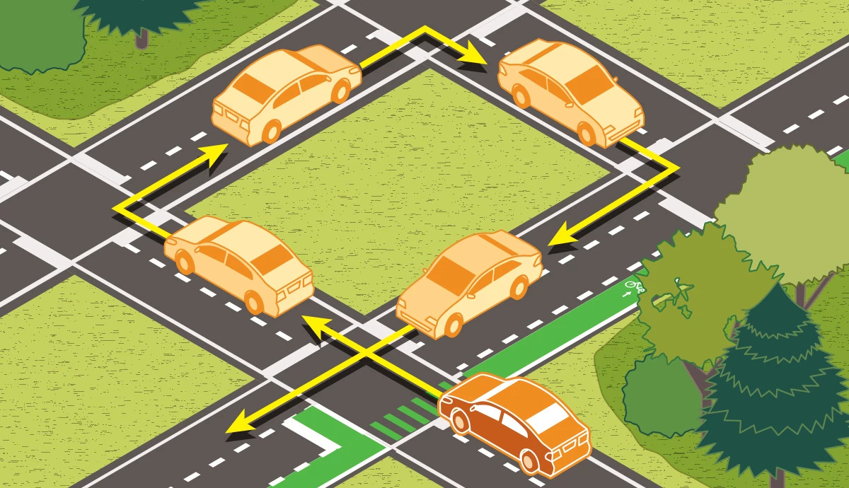 a graphic illustration with a three quarters view shows multiple cars trying to make a right turn