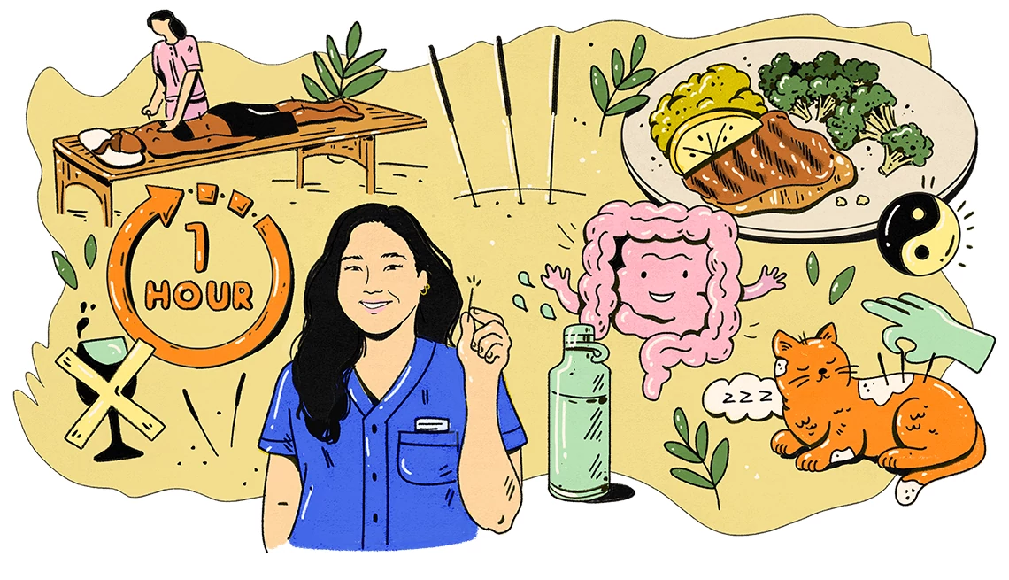 Secrets From a Top Acupuncturist illustration of an acupuncturist and acupuncture treatments