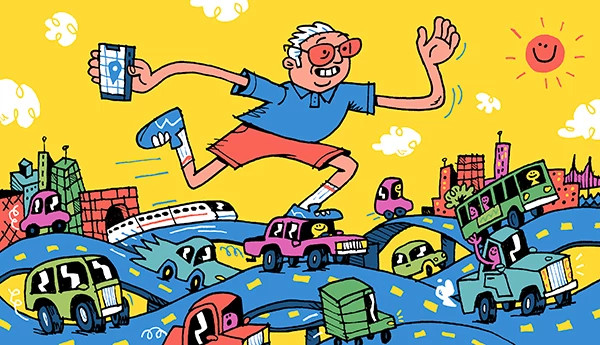 an illustration shows a giant version of author John McCormack running through a city, using his smartphone gps as he stomps past the cars beneath his feet