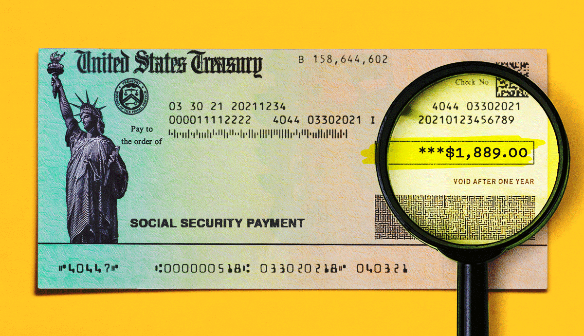 An animated image of a social security check, with a magnifying glass emphasizing the payment amount