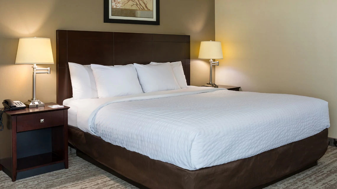 Clarion® large size bed with nightstands, lamps, white linens, dark brown wood in hotel room