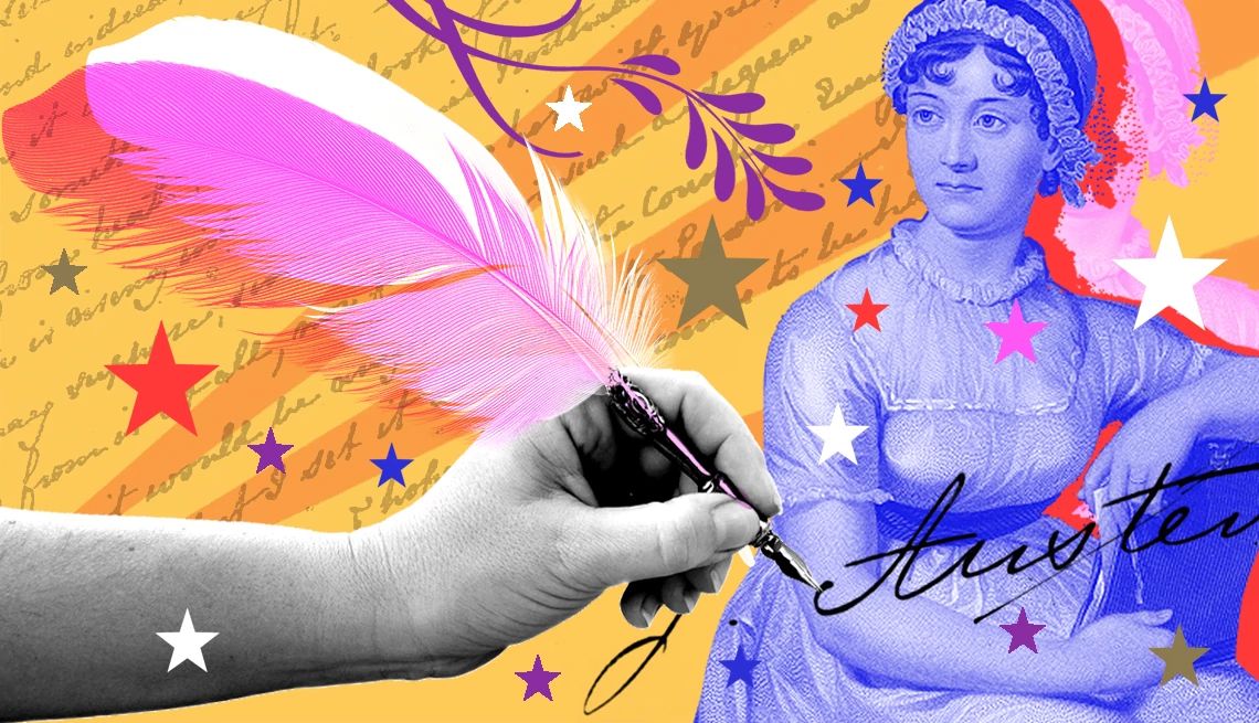 Jane Austen’s 250th Birthday a collage with a portrait of jane austen and a hand holding a quill pen