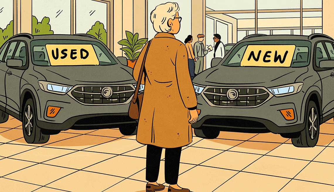An illustration shows a woman at a car dealership showroom, trying to decide between a new and used car
