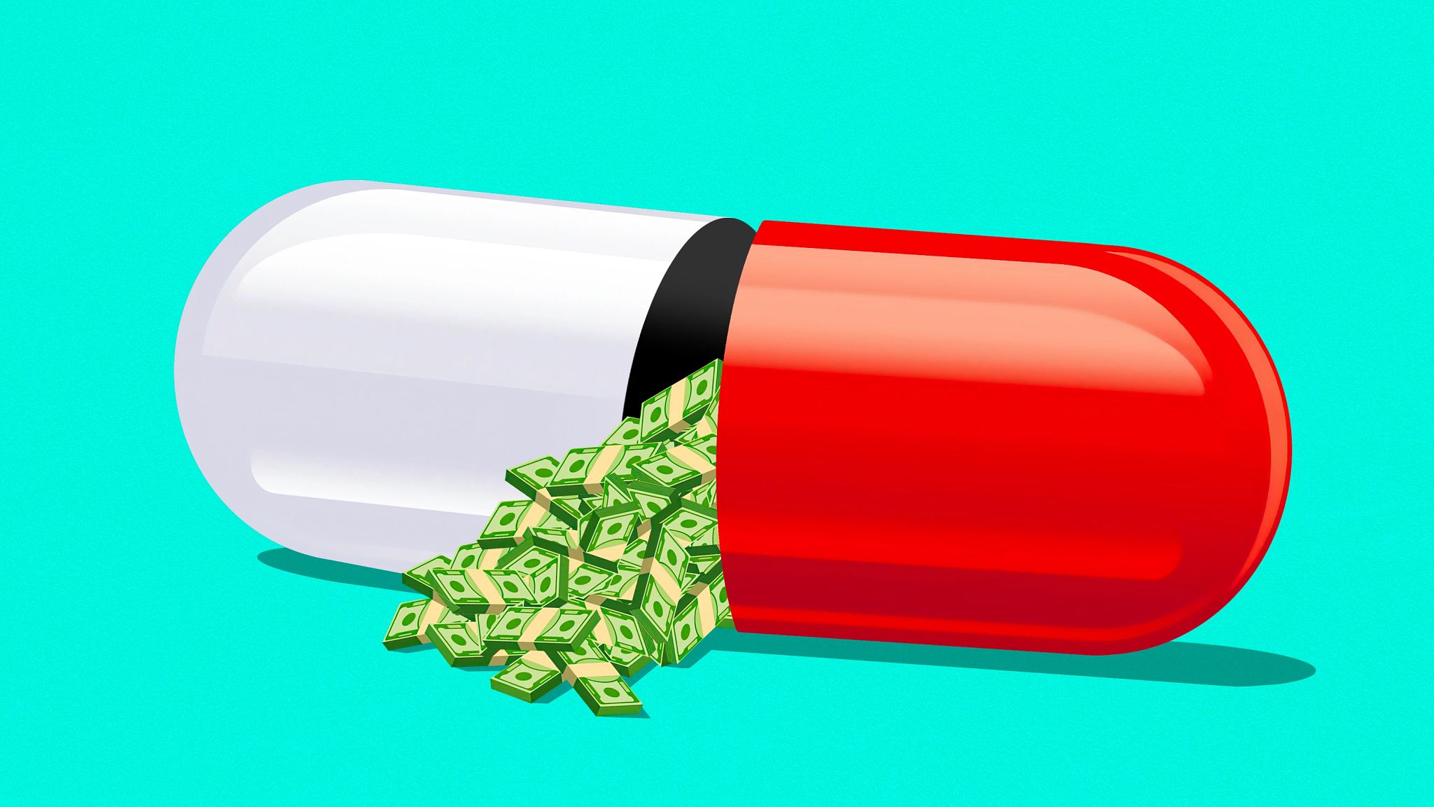 Cápsula de medicamento partida a la mitad con billetes