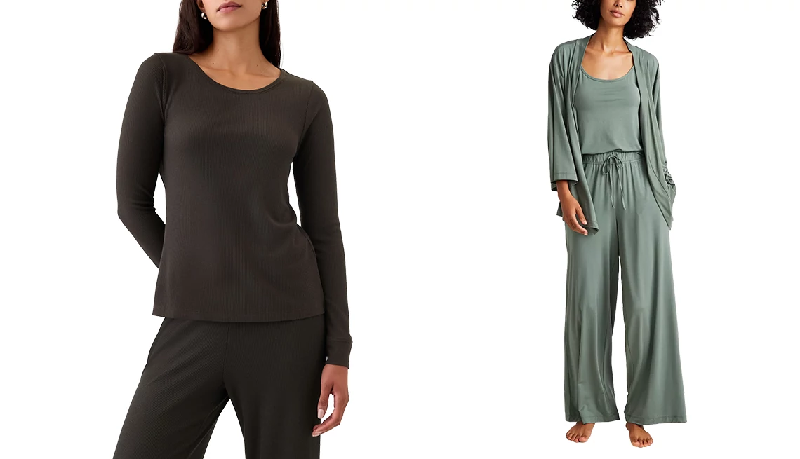 Gap Women Waffle PJ T-Shirt and Waffle PJ Pants in Terra Brown; State of Day Women’s 3-Piece Fluid Knit Pajama Set in Organic Green