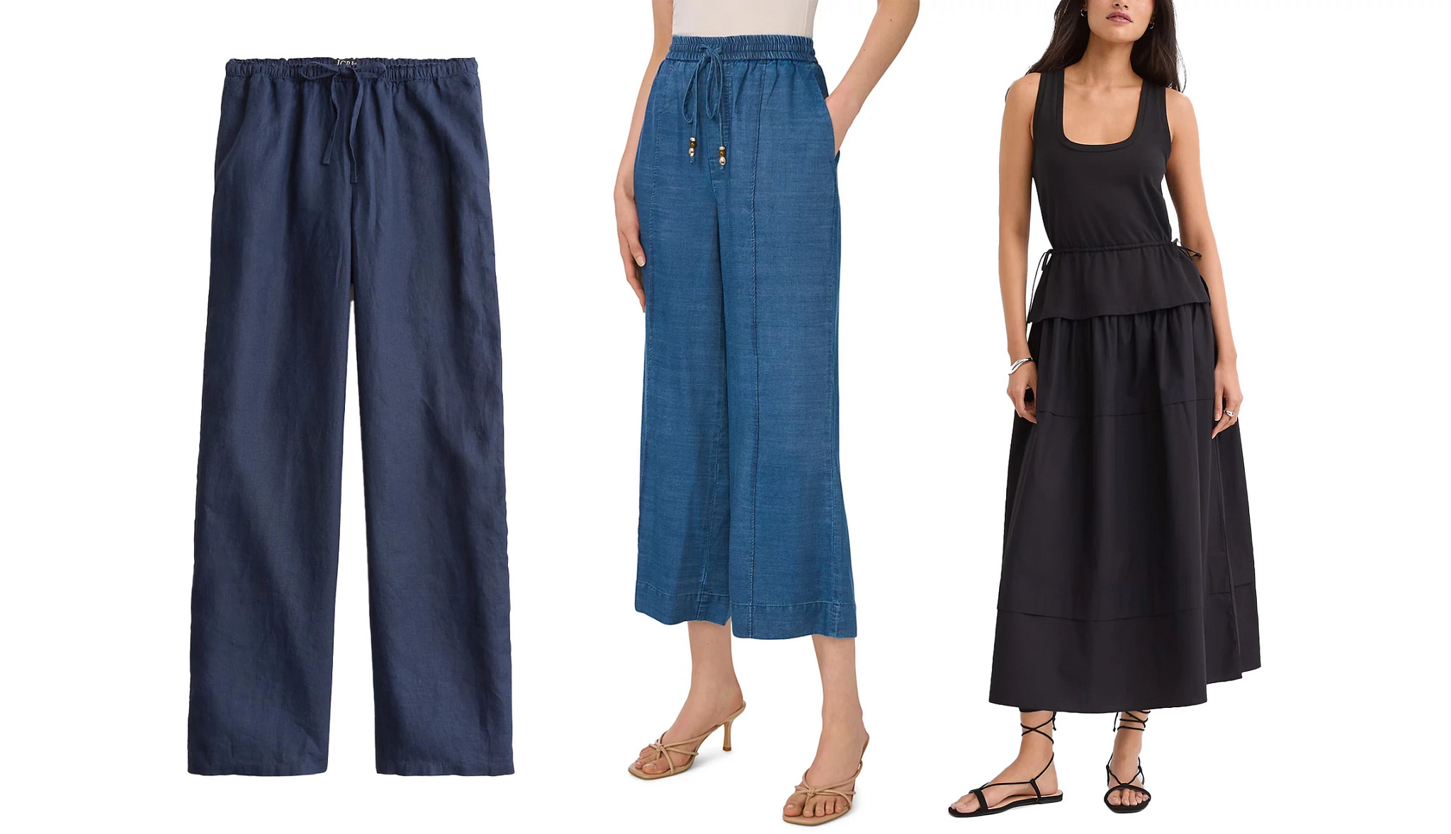 a collage with a pair of linen trousers in navy, and models wearing a pair of chambray culottes and a black cotton skirt ensemble